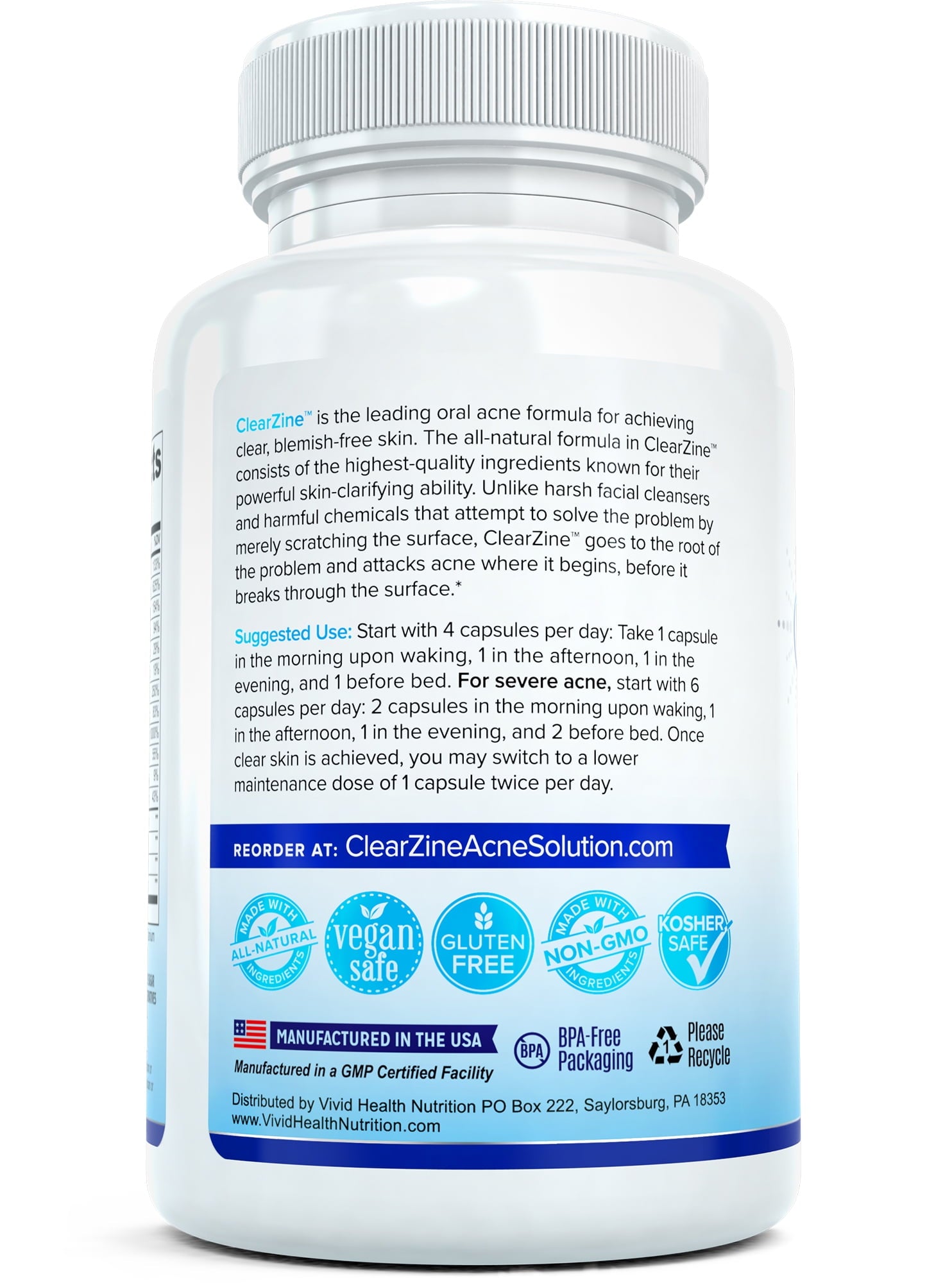 ClearZine Acne Treatment with Zinc & Pantothenic Acid, 90 Capsules, Vegetarian, Vegan, Gluten-Free