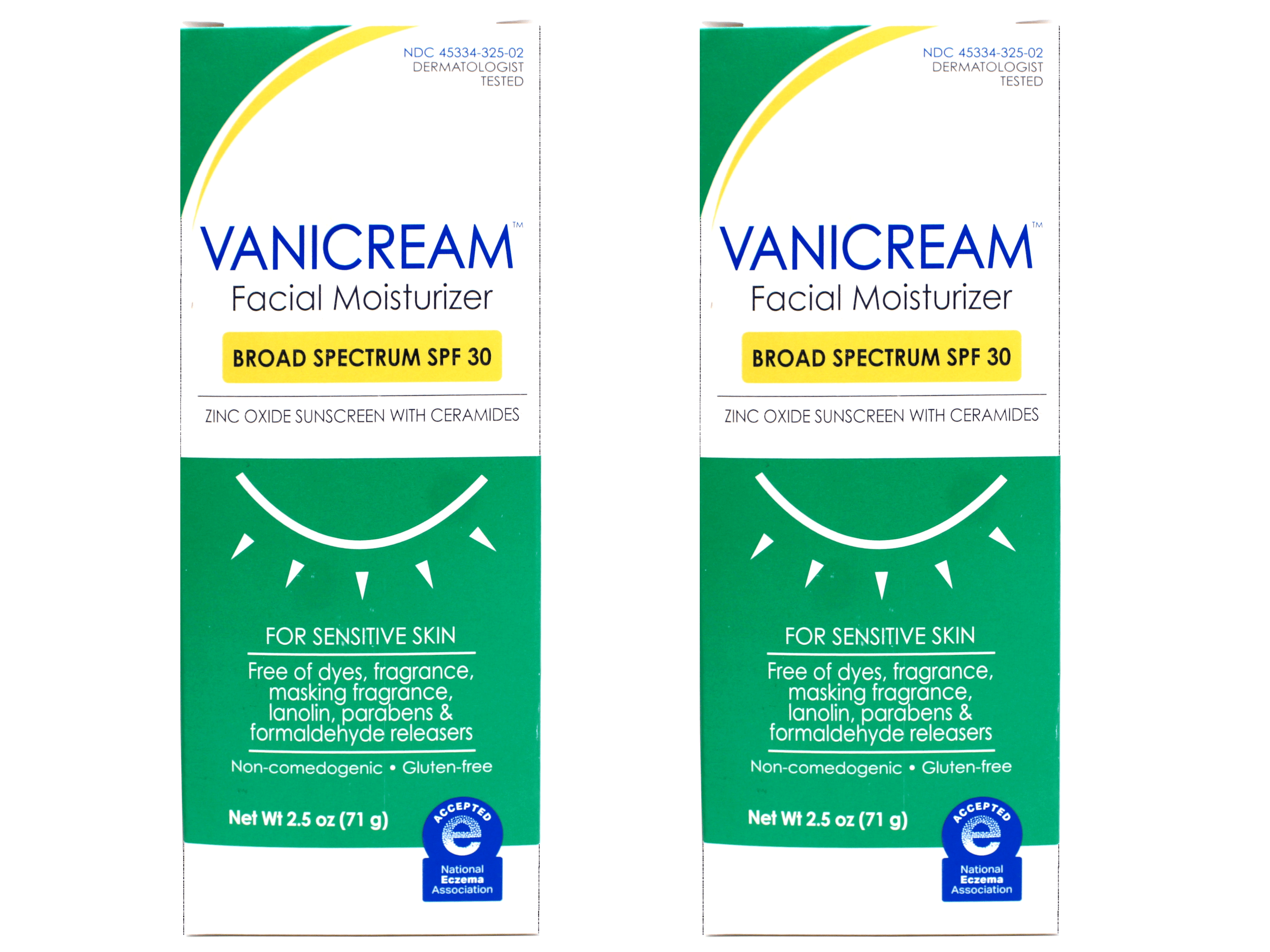 Vanicream Facial Moisturizer Broad Spectrum SPF 30 Zinc Oxide Sunscreen with Ceramides for Sensitive Skin 2.5 oz (Pack of 2)