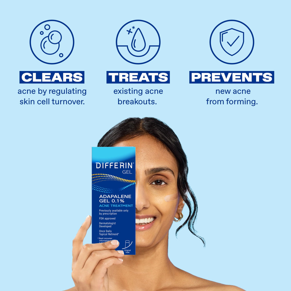 Differin Acne Treatment Gel, Retinoid Treatment for Face with 0.1% Adapalene, Gentle Skin Care for Acne Prone Sensitive Skin, 1.6 OZ