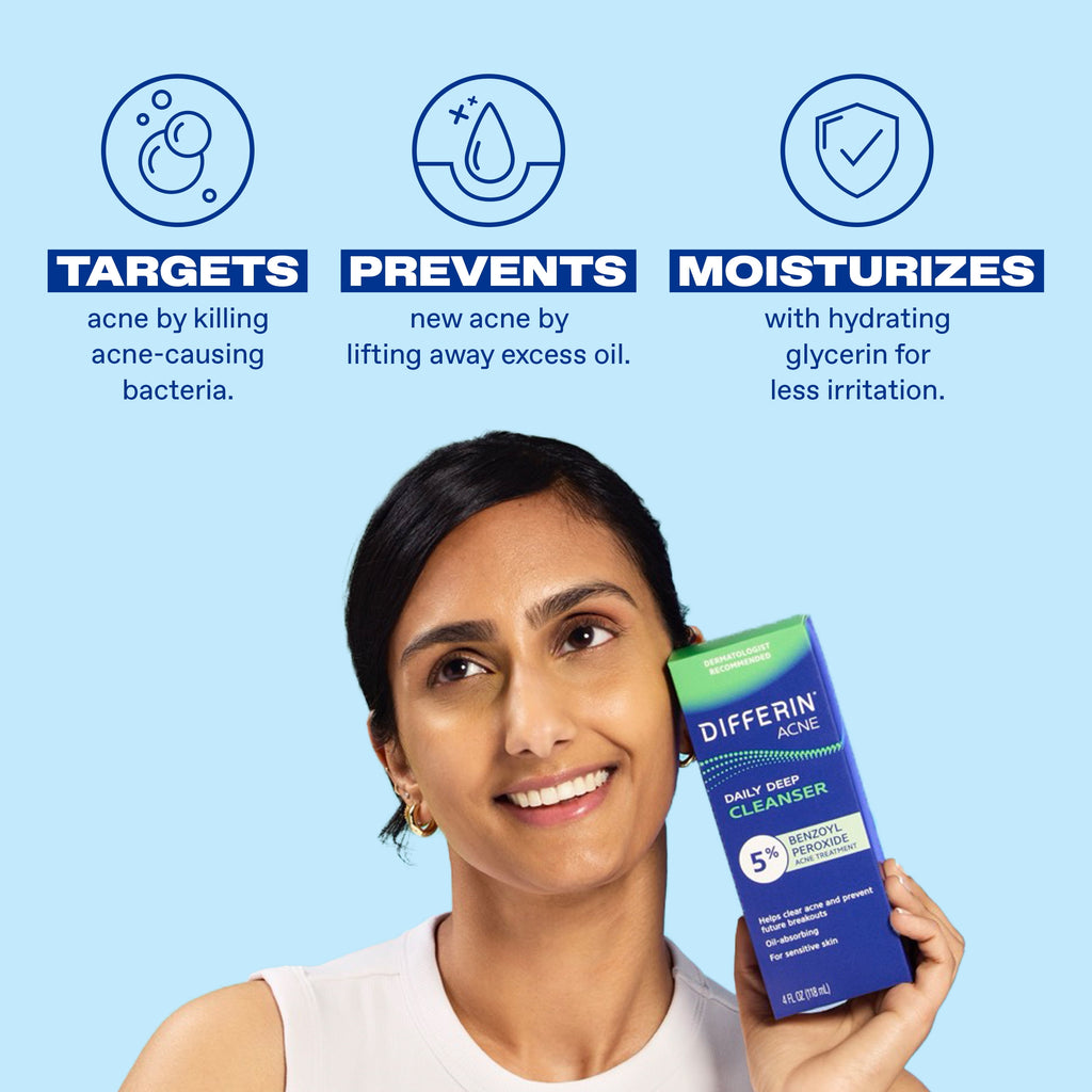 Differin Daily Deep Cleanser Face and Body Wash with 5% Benzoyl Peroxide, Dermatologist-Developed for Acne-Prone Skin, 4 fl oz