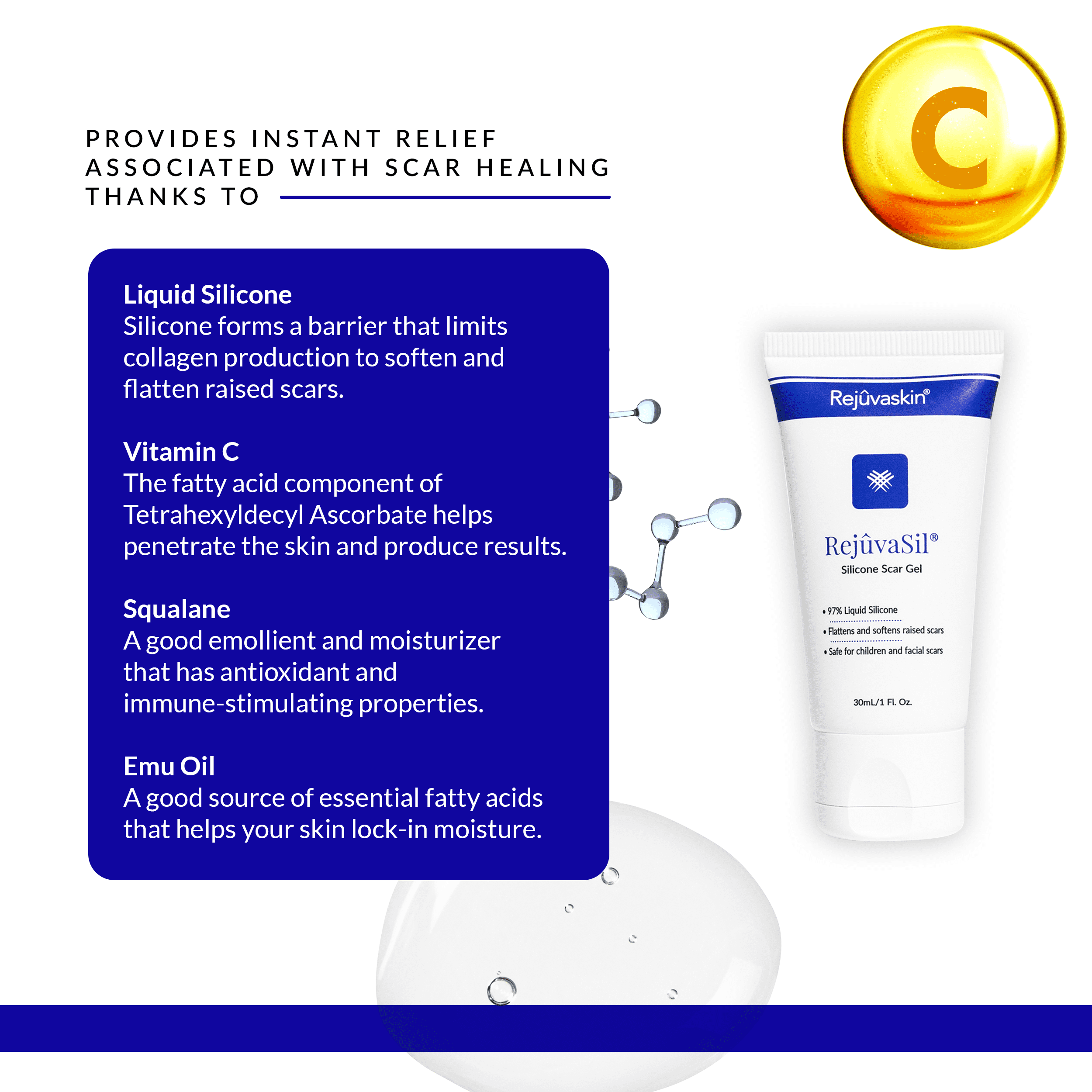 Rejuvaskin Rejuvasil Silicone Scar Gel – Scar Treatment for Surgical Scars for Face, Body, Burn, Keloids, & Acne – Silicone Gel for Scars to Reduced the Appearance of Old & New Scar - 0.33 ounce