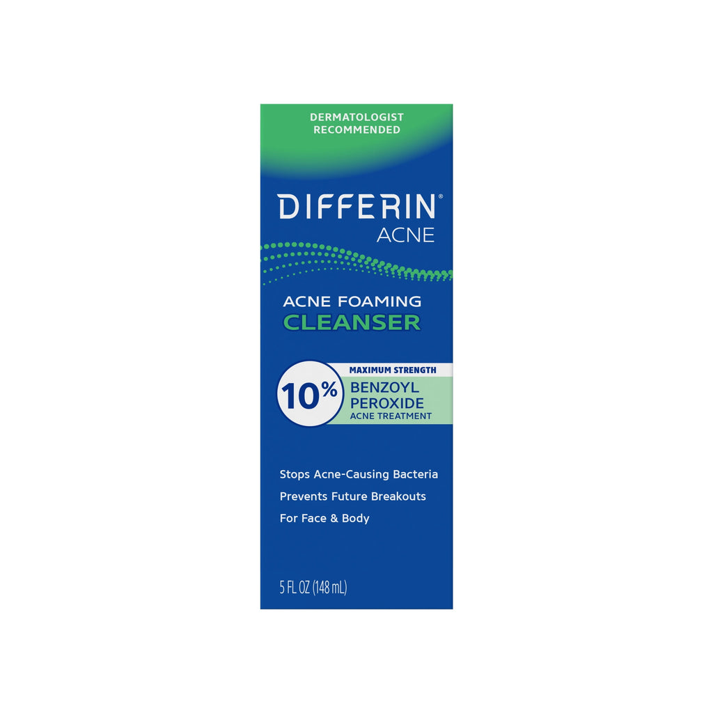 Differin Maximum Strength Acne Foaming Cleanser Face and Body Wash with 10% Benzoyl Peroxide, Fast-Acting Acne Treatment, 5 fl oz