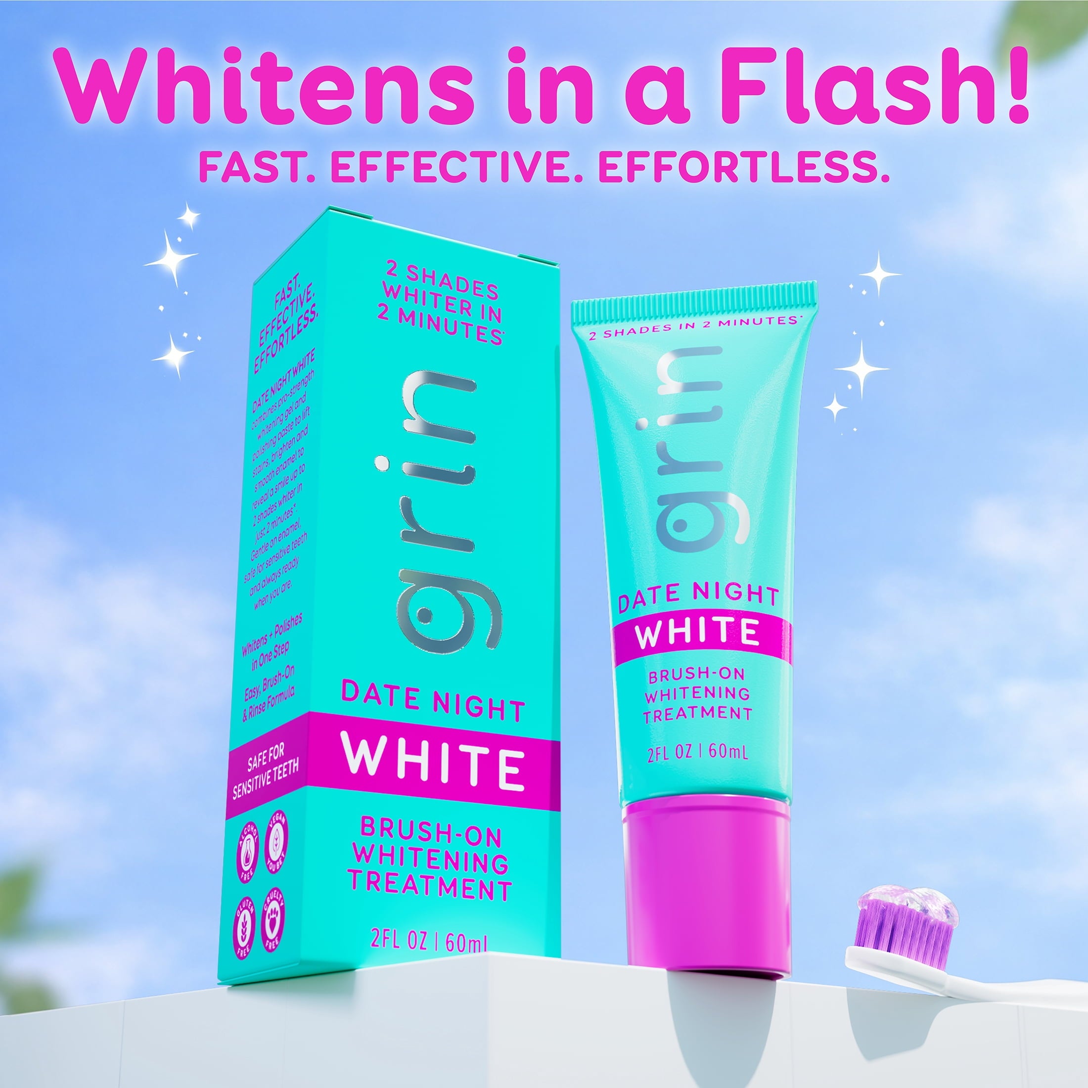 Grin Date Night White Brush-On Whitening Treatment, 2 Shades Whiter in 2 Minutes, Whitens + Polishes in One Step, Safe for Sensitive Teeth, 2 fl oz (60 mL)