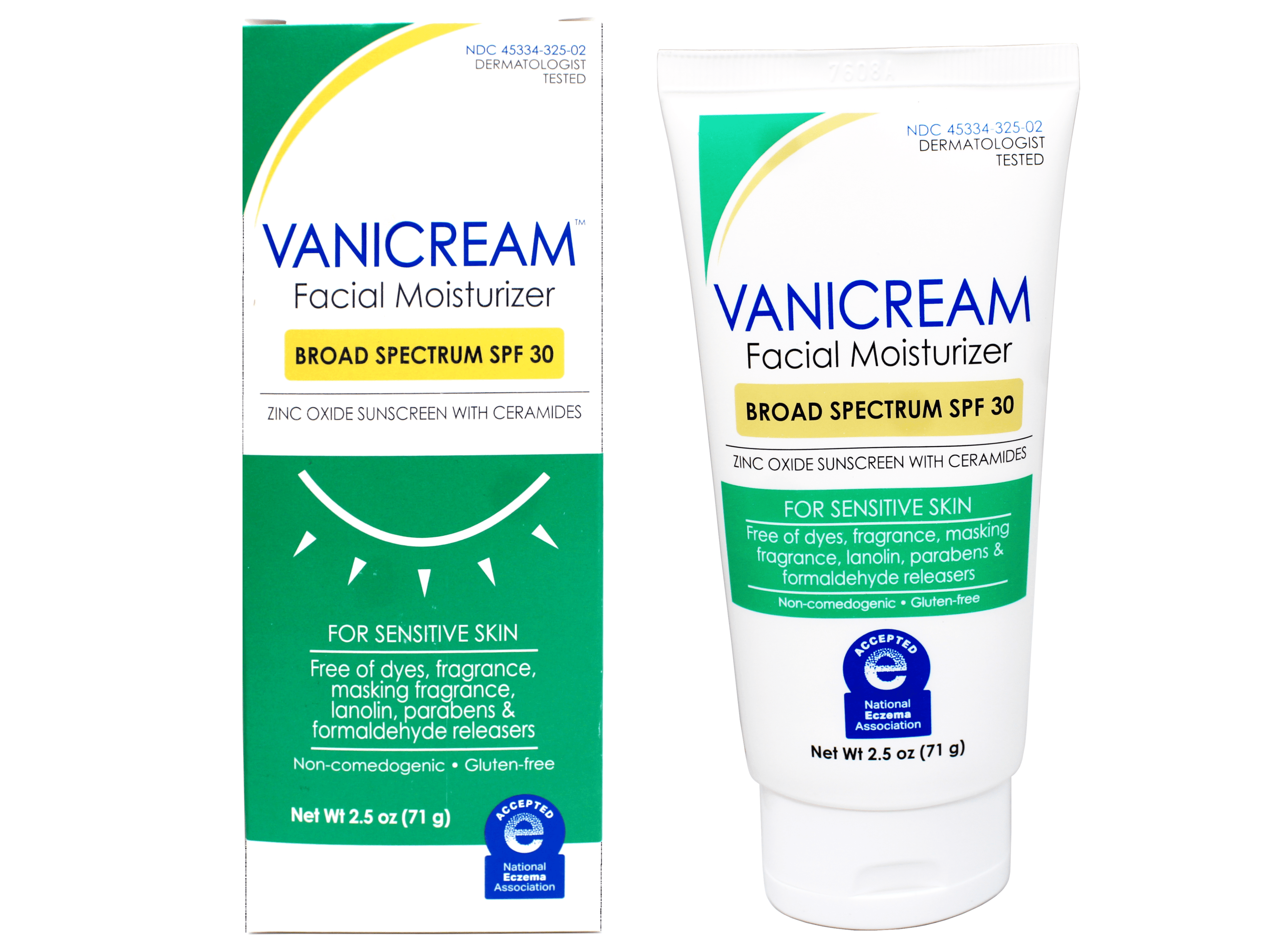 Vanicream Facial Moisturizer Broad Spectrum SPF 30 Zinc Oxide Sunscreen with Ceramides for Sensitive Skin 2.5 oz (Pack of 2)
