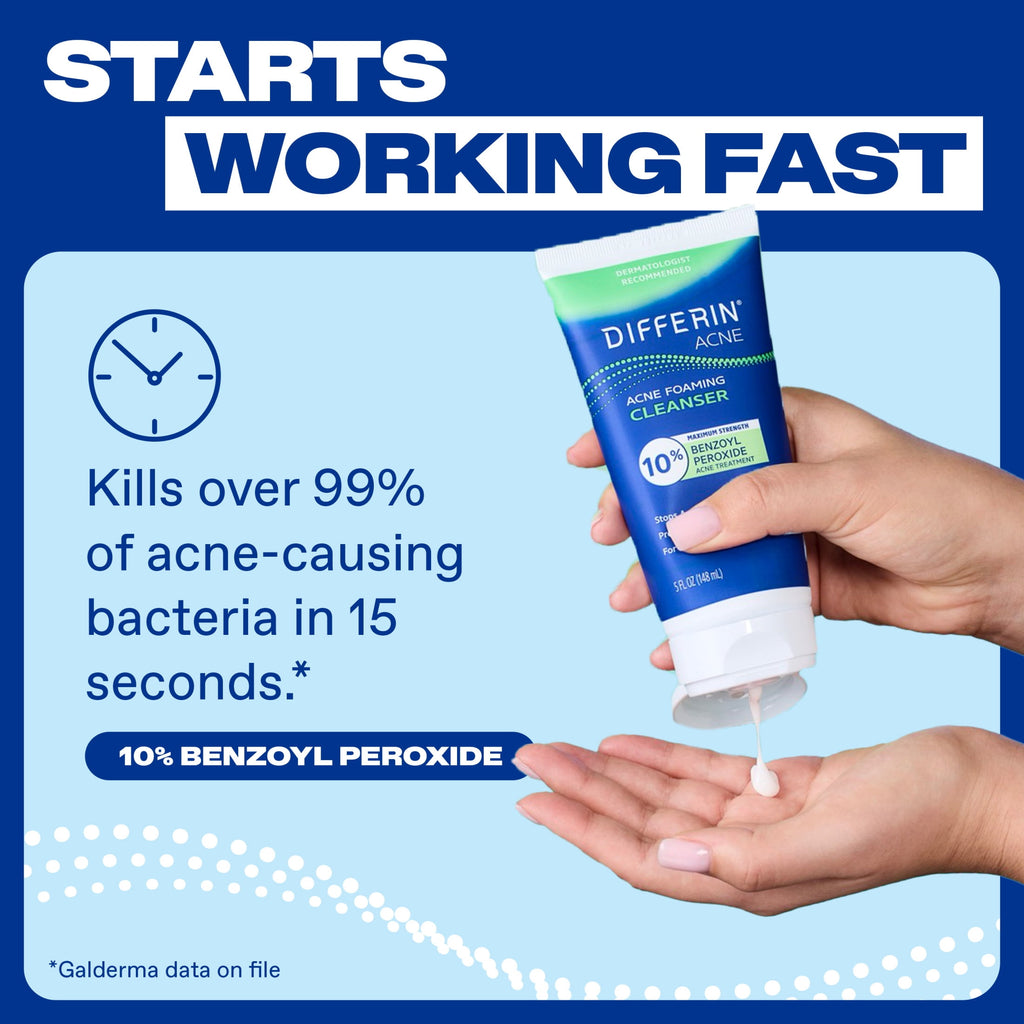 Differin Maximum Strength Acne Foaming Cleanser Face and Body Wash with 10% Benzoyl Peroxide, Fast-Acting Acne Treatment, 5 fl oz