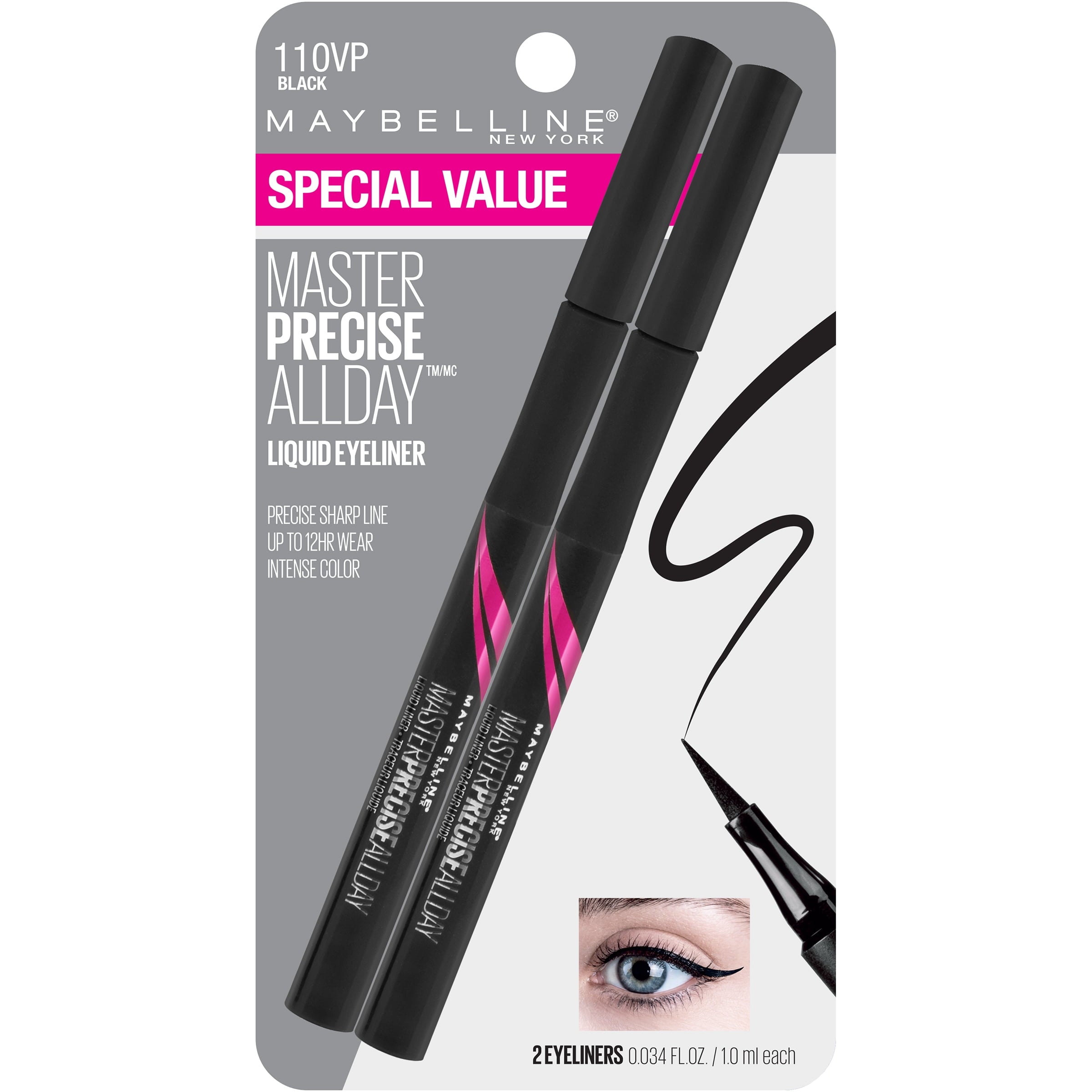 Maybelline EyeStudio Master Precise All Day Liquid Eyeliner Makeup, Black, 2 Pack