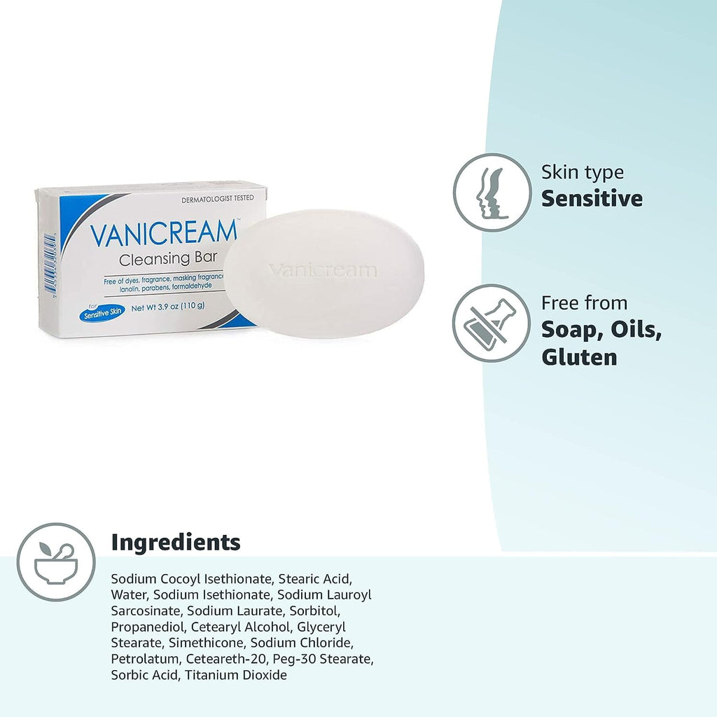 Vanicream Cleansing Bar For Sensitive Skin, Gluten and Sulfate Free, 3.9 oz (Pack of 3)