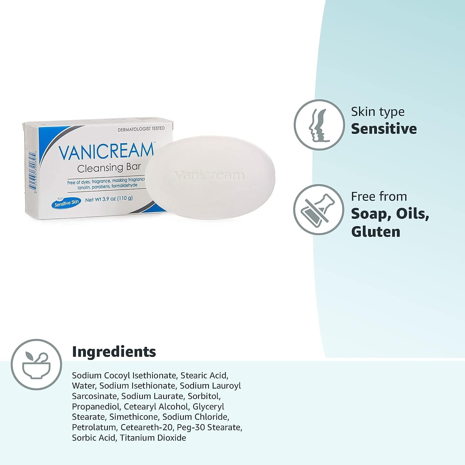 Vanicream Cleansing Bar For Sensitive Skin, Gluten and Sulfate Free, 3.9 oz (Pack of 3)