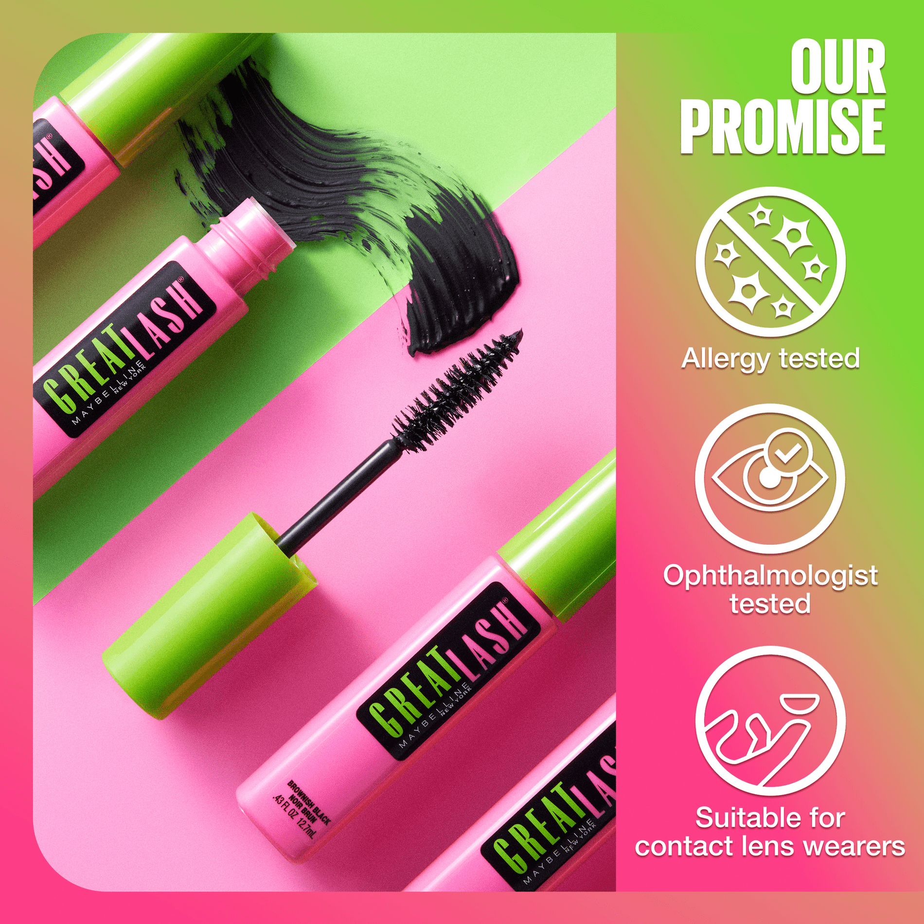Maybelline Great Lash Volumizing Lengthening Washable Mascara, Blackest Black, 0.43 fl oz