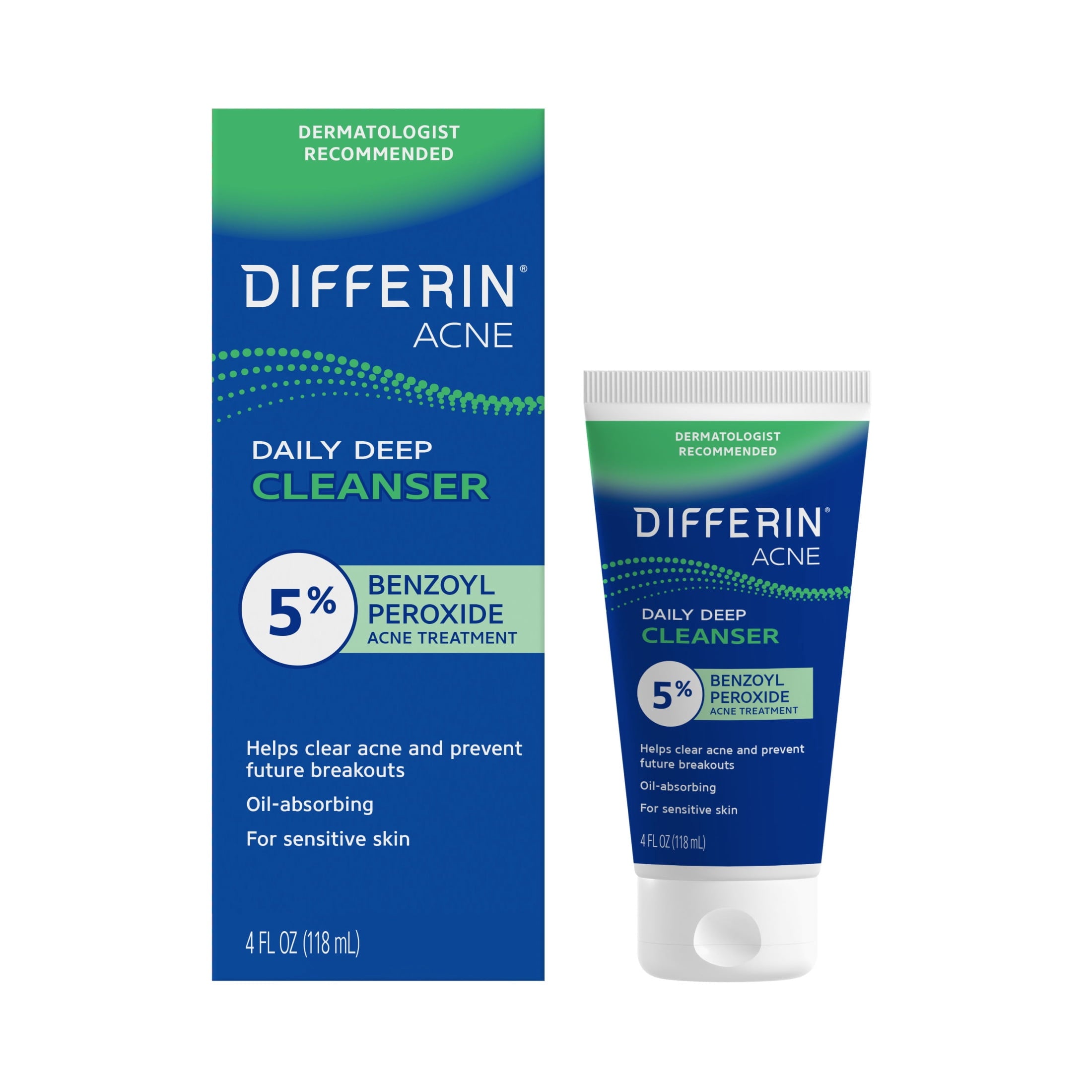 Differin Daily Deep Cleanser Face and Body Wash with 5% Benzoyl Peroxide, Dermatologist-Developed for Acne-Prone Skin, 4 fl oz
