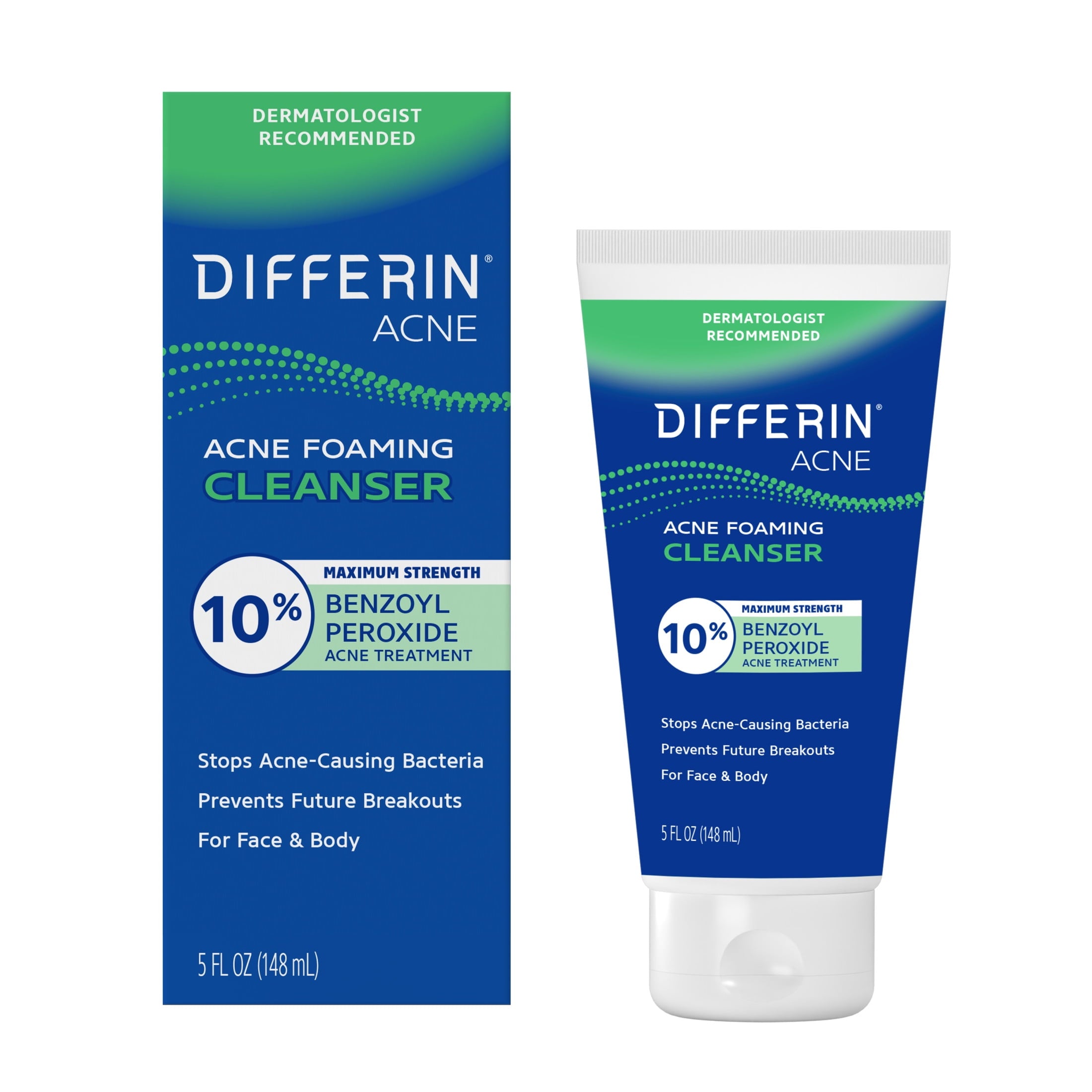 Differin Maximum Strength Acne Foaming Cleanser Face and Body Wash with 10% Benzoyl Peroxide, Fast-Acting Acne Treatment, 5 fl oz