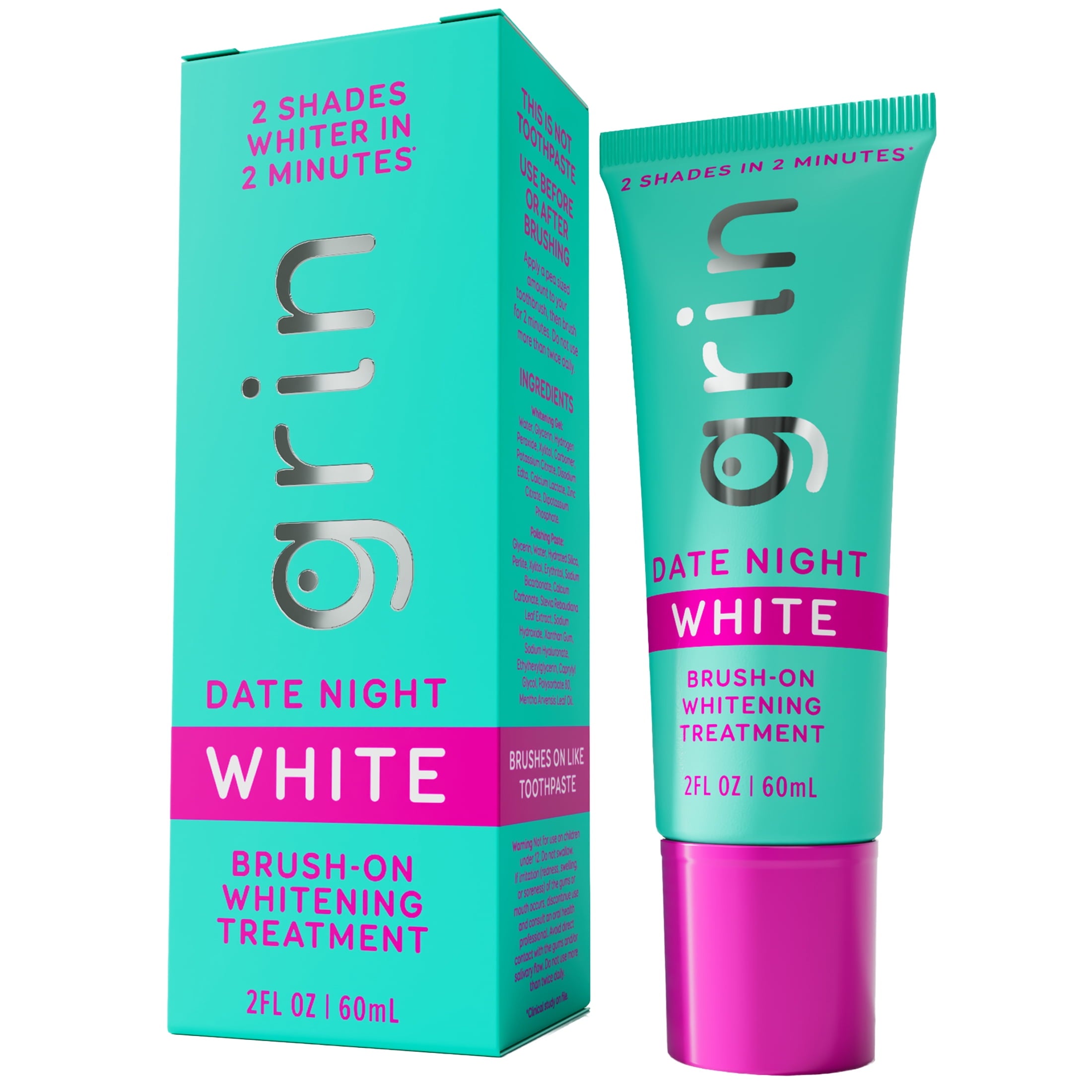Grin Date Night White Brush-On Whitening Treatment, 2 Shades Whiter in 2 Minutes, Whitens + Polishes in One Step, Safe for Sensitive Teeth, 2 fl oz (60 mL)
