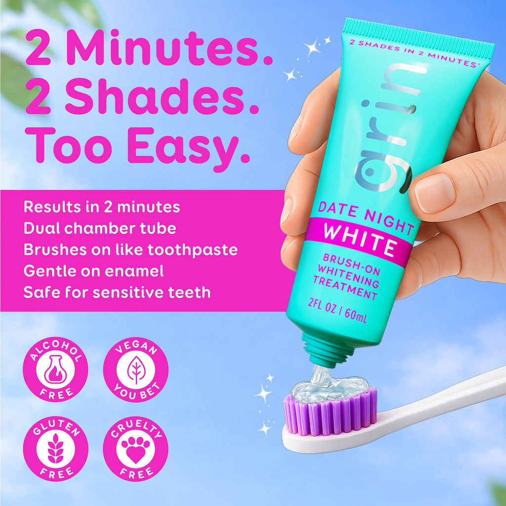 Grin Date Night White Brush-On Whitening Treatment, 2 Shades Whiter in 2 Minutes, Whitens + Polishes in One Step, Safe for Sensitive Teeth, 2 fl oz (60 mL)