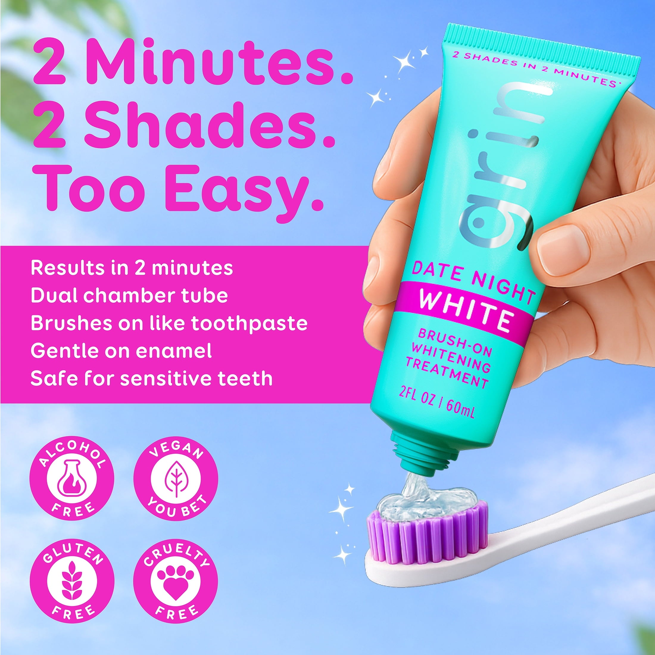 Grin Date Night White Brush-On Whitening Treatment, 2 Shades Whiter in 2 Minutes, Whitens + Polishes in One Step, Safe for Sensitive Teeth, 2 fl oz (60 mL)