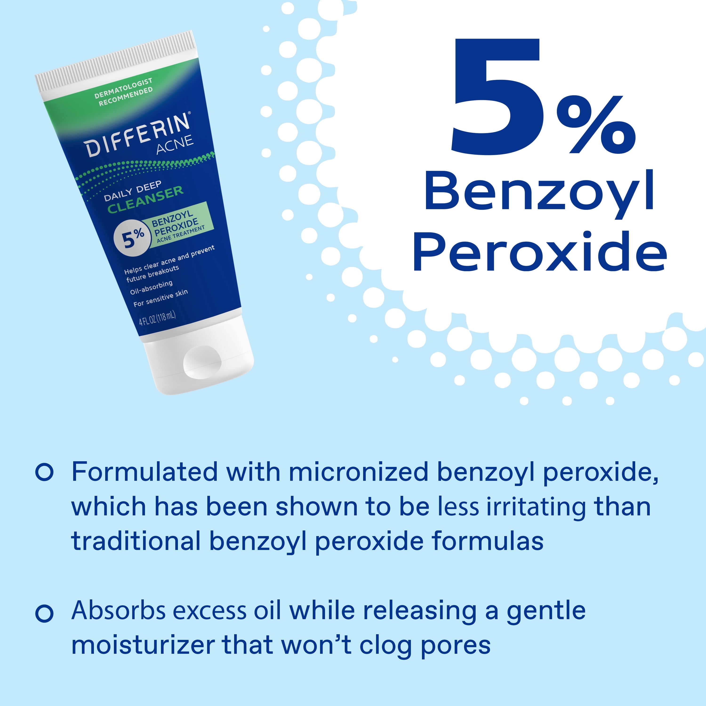 Differin Daily Deep Cleanser Face and Body Wash with 5% Benzoyl Peroxide, Dermatologist-Developed for Acne-Prone Skin, 4 fl oz