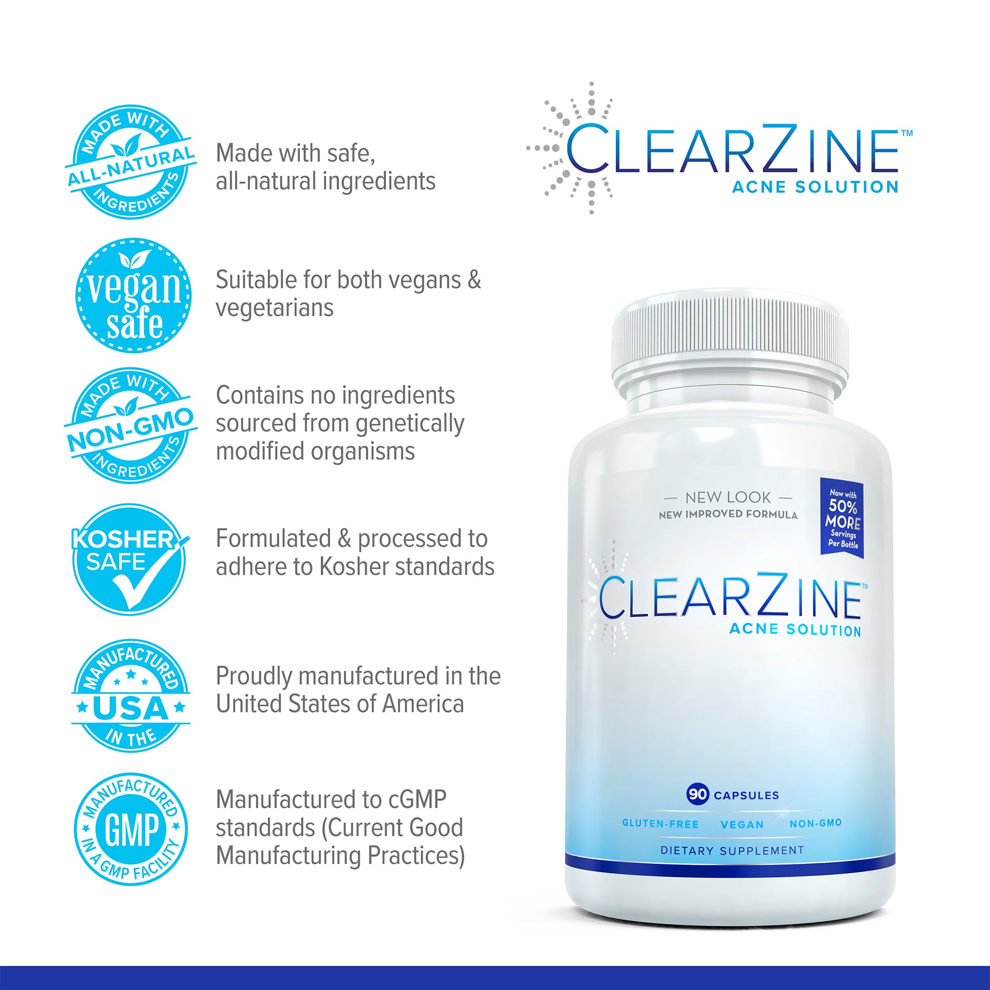 ClearZine Acne Treatment with Zinc & Pantothenic Acid, 90 Capsules, Vegetarian, Vegan, Gluten-Free