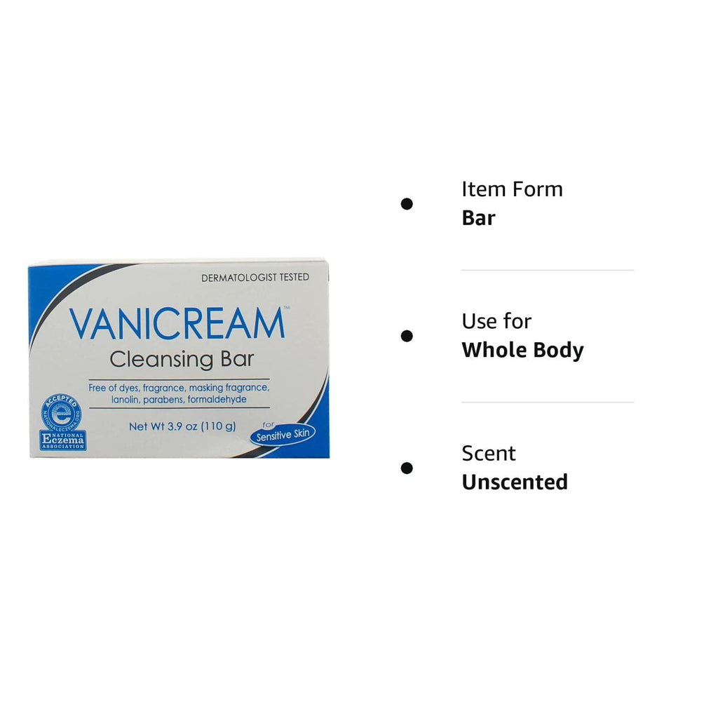 Vanicream Moisturizing Cleansing Bar for Sensitive Skin, Fragrance Free, 3.9oz