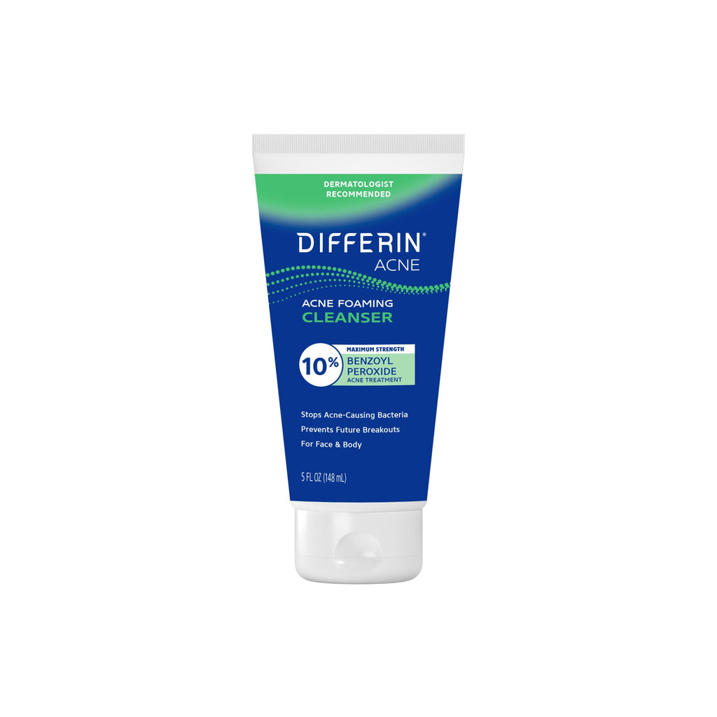 Differin Maximum Strength Acne Foaming Cleanser Face and Body Wash with 10% Benzoyl Peroxide, Fast-Acting Acne Treatment, 5 fl oz