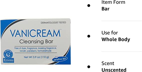 Vanicream Sensitive Skin Cleansing Bar, Paraben Free, 3.9 oz, 2 Pack